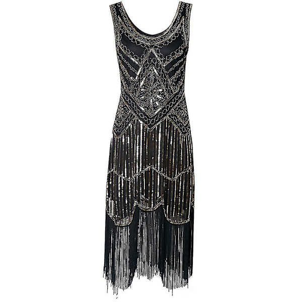 Halloween Lady 1920-luvun juhlamekko hapsuilla koristeltu pukumekko 20-luvun paljeteilla helmillä koristellut vintage iltajuhlamekot Black Gold 3XL