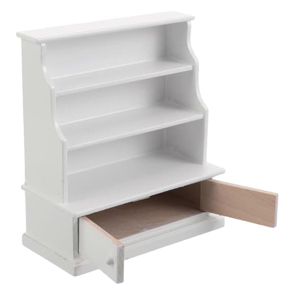 Miniatyr bokhylle i tre dukkehus skap for utstilling hvit