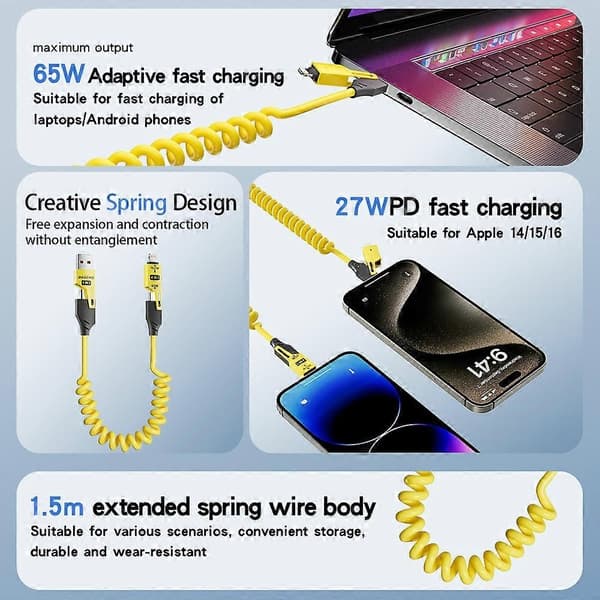 65W Kabel Superhurtig Opladning 4 I 1 Zinklegering USB-C til iPhone 17Pro USB Type C Kabel Til Xiaomi Samsung PD 1.5M Datakabel yellow packaged