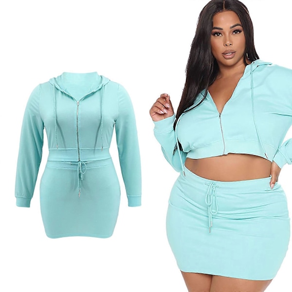 Dame Langærmet Lynlås Hættetrøjer Crop Top og Mini Nederdel med Snøre i Taljen To Dele Ensfarvet Afslappet Sæt lysegrøn 6XL