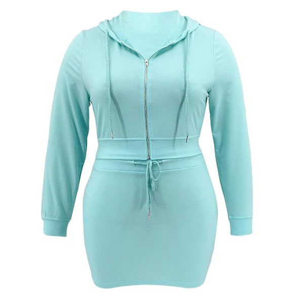 Naisten pitkähihainen vetoketjullinen huppari Crop Top ja kiristysnyörillinen minihame Kaksiosainen yksivärinen rento asusetti vaaleanvihreä 6XL