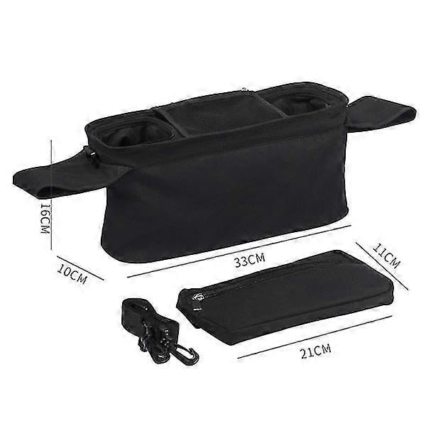 Svart, Barnevogn og Barnevognorganisator, Universell Oppbevaringsveske for Barnevogn med 2 Koppholdere Isolert Flaskeholder, Stor Lomme for Telefon o