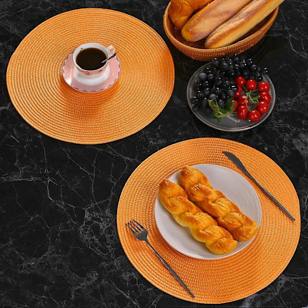 Runda Bordstabletter Set om 6 - 38 cm Flätade Halkfria Bordsunderlägg för Middagar, Grillfester, Fester, Orange