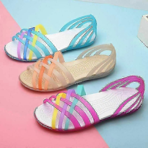 2022 Sommer Damesandaler Strand Flate Fargerike Åpen Tå Jelly Utskårne Flate Sandaler
