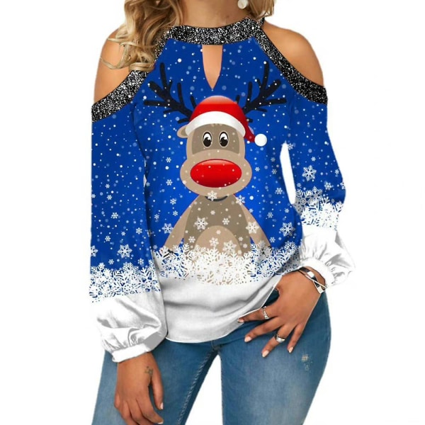 Kvinder Christmas Snowflake Elk Print T-shirt Xmas Langærmede Cold Shoulder Shirts Bluse Casual Løse toppe Plus Size Blue M