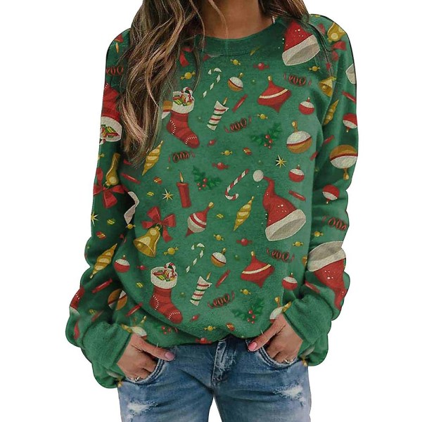 Naisten printed pitkähihainen uutuuspusero Party Xmas Crew Neck Casual Löysä neulepusero T-paita Topit Green Christmas Tree 3XL