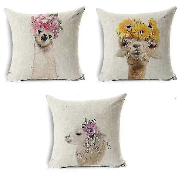 3 stk. Søte Dyr Alpaca Blomsterhode Putetrekk Lin Putetrekk Med Usynlig Glidelås Soverom Stue Sofa Bil Putetrekk 45 * 45cm