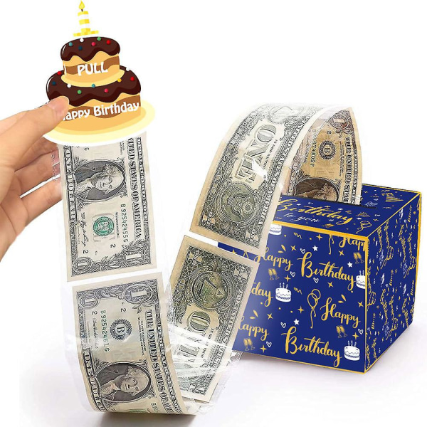 Fødselsdagspengeboks til kontantgavetræk, pengegaveæsker til kontanter med udtræk Tillykke med fødselsdagenskort og 24 stk gennemsigtige poser Blue