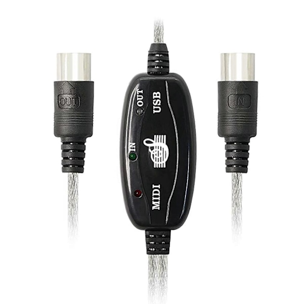 USB MIDI -kaapelisovitin, USB Type A uros - MIDI Din 5 -nastainen sisään/ulos -kaapeliliitäntä LED-merkkivalolla