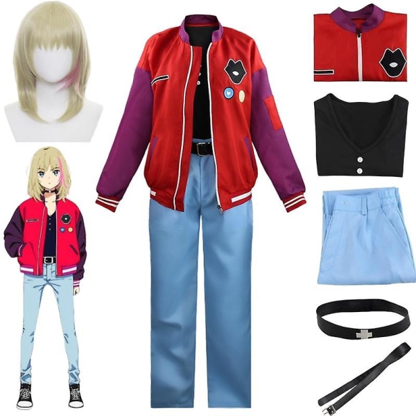 Anime Wonder Egg Priority Kawai Rika Cosplay kostume Gul gradient paryk med frakke Skjorte Bukser Outfits Julefest tøj Costume XXXL