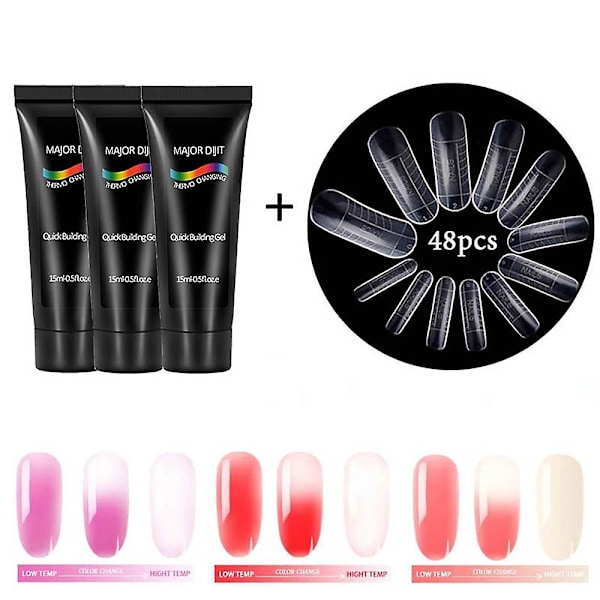 Snabbbyggande Gel 3 Färger Termisk Färgförändring + 48st Nagelformar Nagel Förlängningsset