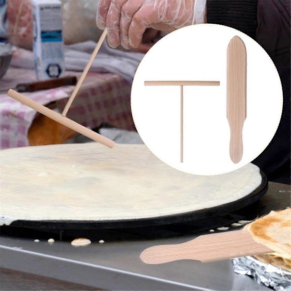 Spatelsæt Træ T-Stave til Spredning af Pandekagedej, Sæt med 4 Redskaber til Ensartet Crepe Maker