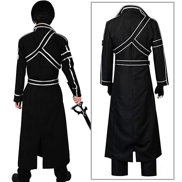 Miesten anime-anime Sao Kirito Cosplay-asu, musta takki, pitkä viitta? Täysi set Halloween-asu peruukilla naisille 3XL