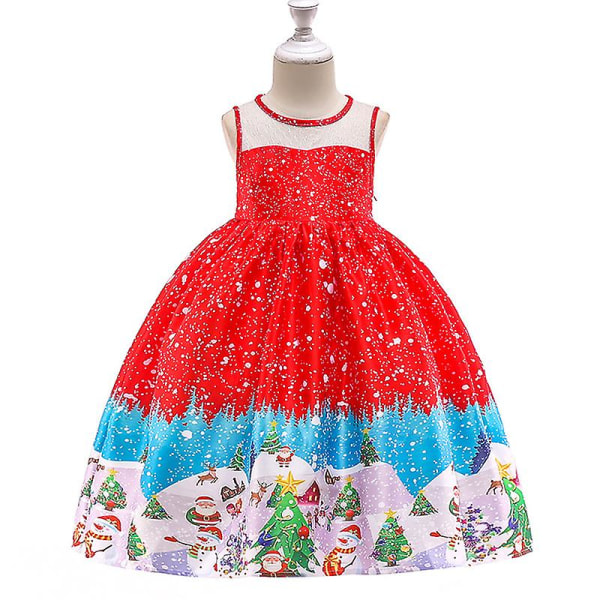 Jul Små Barn Flickor Spets A-linje Swing Dress Xmas Jultomten Print Bal Balklänning Afton Formell Prinsess Klänning Fest Kostym Red D 10-11 Years