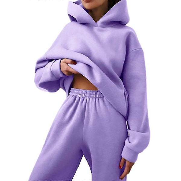 Guoguo Dame Ensfarvet Hætteklædt Træningsdragt Sæt Sports Hættetrøjer Elastisk Talje Bukser Sæt Gym Jogging Loungewear