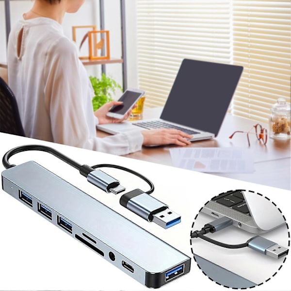 USB C 8 in 2 Moniporttihubi-adapteri 1 x USB 3.0 / 3 x USB 2.0 dataporttia / 3,5 mm ääniliitäntää puhelimille