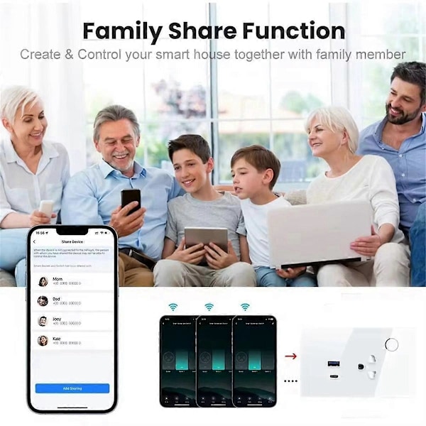 WiFi Smart Tuya 16A seinäpistorasia USB TYPE-C pistoke pistorasia virta Alexalle Home Smart Life musta EU