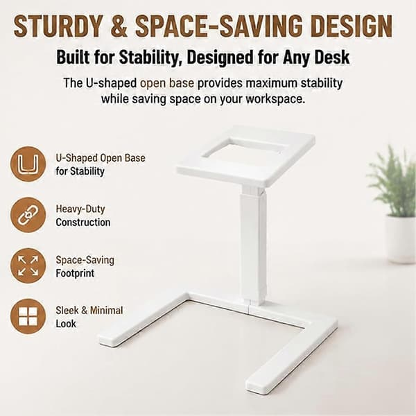 Overhead telefonstativ for flatfotografering, skrivebordsmontering med U-formet åpen base og hul topplate, hvit White