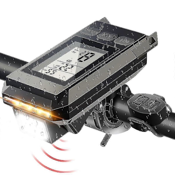4 i 1 cykelforlygte med LCD-display speedometer og horn USB genopladelig cykelcomputer til O