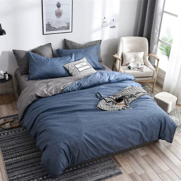4 stk. Microfiber Ensfarvet Mønstret Sengelinned Sæt (220x240cm, Blå Grå)