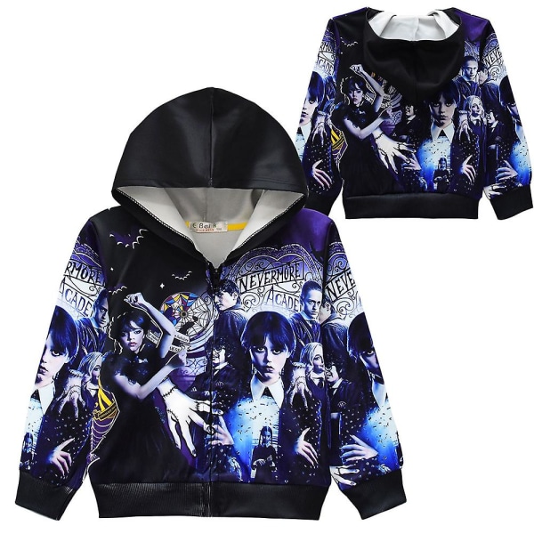 Onsdag Addams Printed Hooded Long Sleeve Jacket Zip Casual Jacka Black 8-9 Years