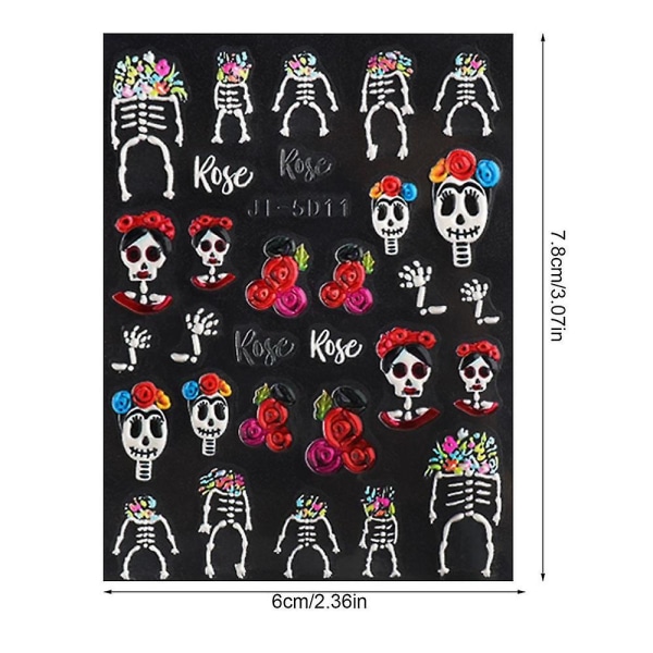 Halloween Negle Decals Halloween 5d Bone Skull Design Negle Stickers Selvklæbende Uhyggelig Cosplay Diy Negle Art Dekorationer Til JI5D11