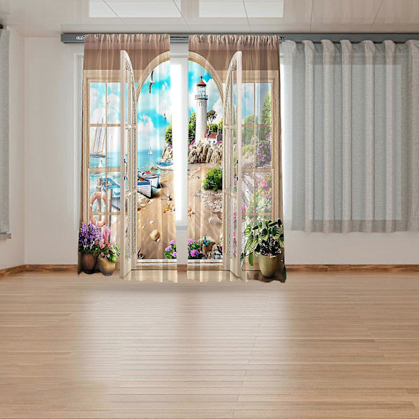 Strand Digitaltrykk Mørkleggingsgardiner Draperinger Polyesterstoff Termisk Isolert Gardin Dekorativ med Maljer for Stue, Soverom