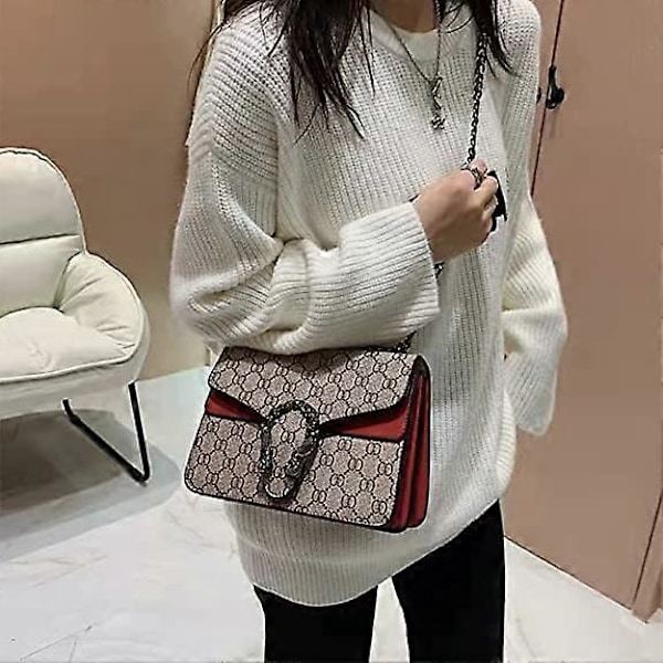 Dam Crossbody Axelväska Retro Ormskin Enfärgad Kedjerem Clutch Läder Väska Röd