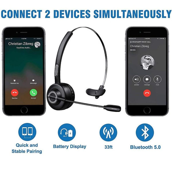 Bluetooth Headset, V5.0 Business Wireless Headset med Boom Mic, Lämpligt för mobiltelefon/surfplatta/dator