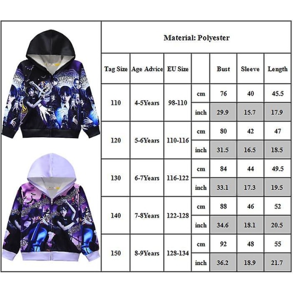 Onsdag Addams Printed hette Langermet jakke Glidelås Casual Jacket Purple 7-8 Years