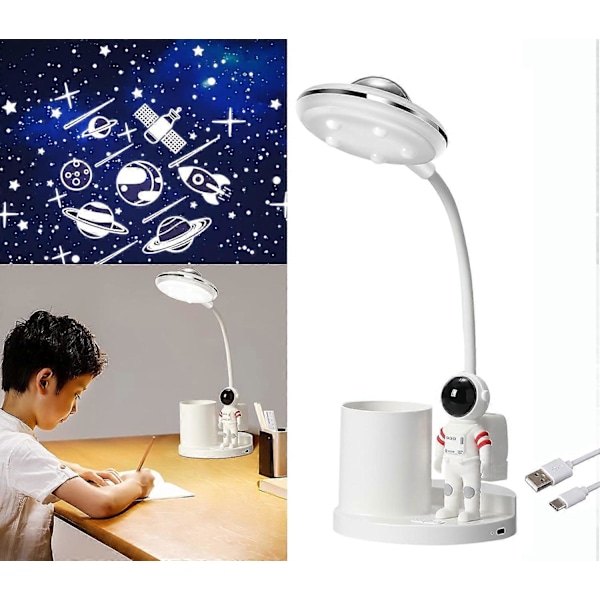 Bordlampe til teenagere Astronaut Bordlampe med projektionslys og penholder, LED-bordlampe til børn til læsning i soveværelset, Trinløs dæmpning Bordlampe Øjen-C