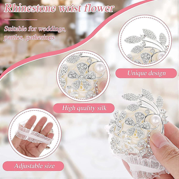 2 Stycken Brud Bröllop Handledsblomma Vit Strass Pärla Handledsblomma Corsage Ros Handledsblomma för Fest 7*6cm