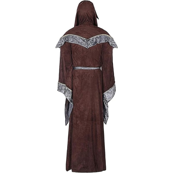 Mystic Sorcerer Robe Halloween Cosplay kostumer til mænd, voksen middelalderlige retro uniform vintage renæssance tøj med hætte kappe, mandligt præst outfit Brown M