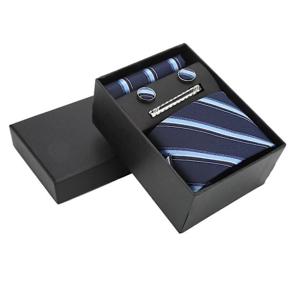 Blått stripete slipssett for menn med gaveeske og håndkle - Klassiske business casual-tilbehør