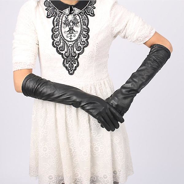 Kvinder Lange Læder Handsker Fuld Finger Winter Albue Opera Dame Handsker Black 40cm