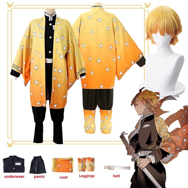 Demon Slayer Agatsuma Zenitsu Cosplay kostume Anime Kimetsu No Yaiba Zenitsu paryk Voksen Børn Kimono Uniform Halloween kostume style2 120cm