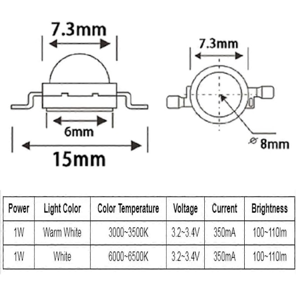 6 stk. LED Chips 1W LED Perle Chip Pære Lampe Armatur DIY Tilbehør (Varm Hvid)