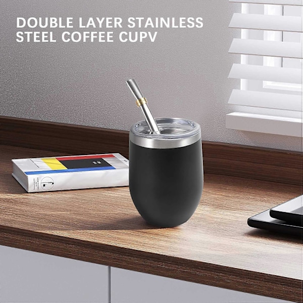 Yerba Mate Gourd Tekopp Set 35cl, Dubbelväggig Rostfri Kaffe Vattenkopp med Lock 2 Bombillas Sugrör
