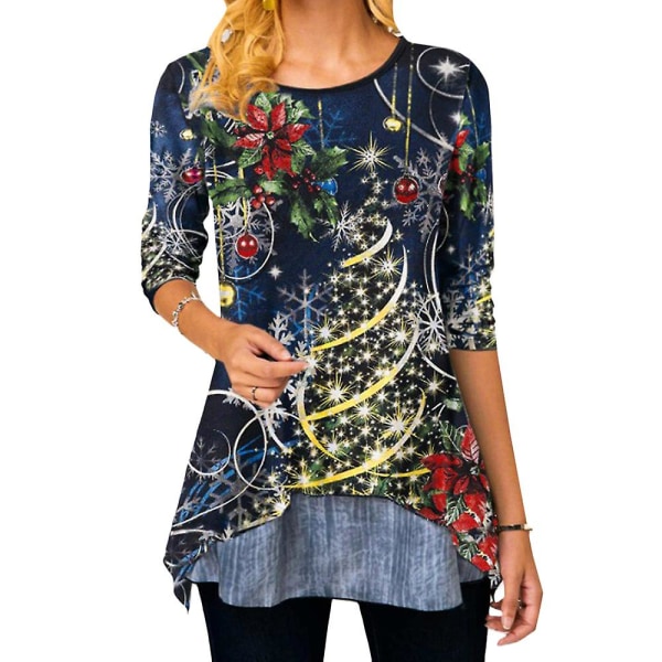 Jul Kvinner Snømann Holiday Tree Print Uformell T-skjorte Xmas Langermet skjorte med rund hals Bluse Longline Topper Plus Size Blue 5XL