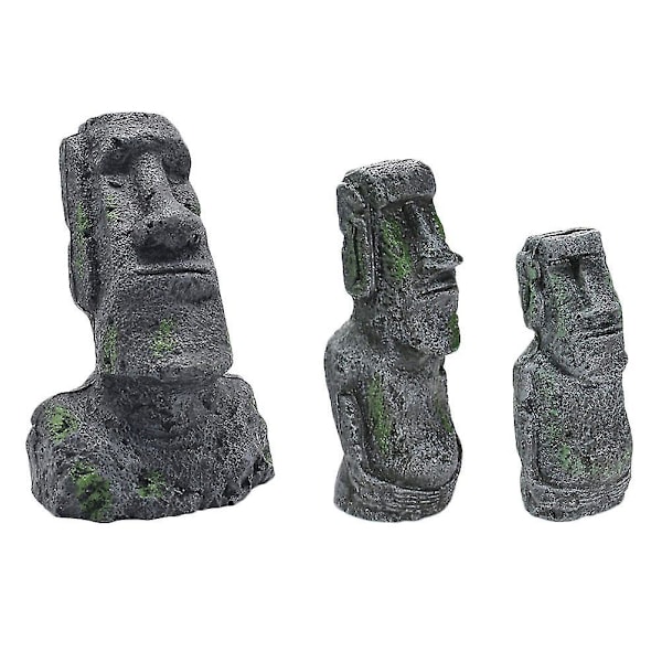 3 stk. Akvarium Moai Statuer Påskeøya Steinhode Ornamenter Akvarium Landskapsdekor