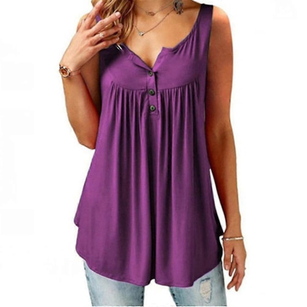 Dame Ermeløs Plissert T-skjorte Bluse Ensfarget Knapp Vest Tanktopper