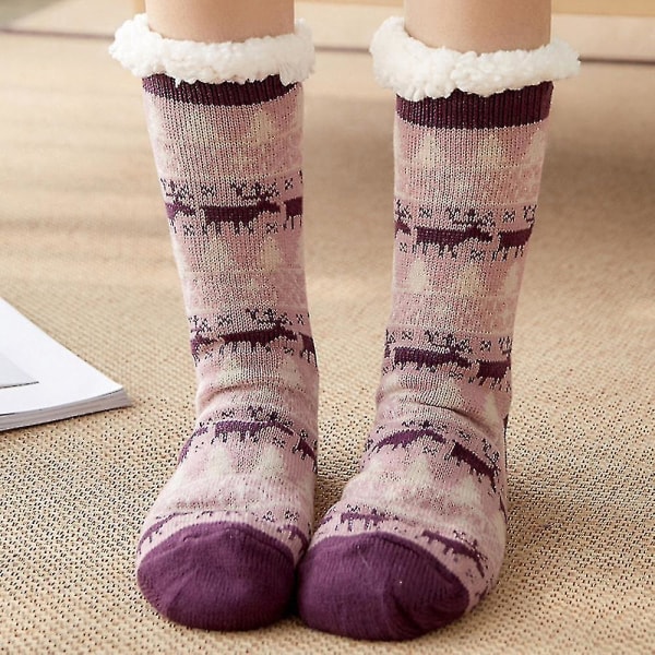 Dame julestrømper Mid Calf ekstra tyk fleece foret bløde gulv hjemmesko Purple Deer