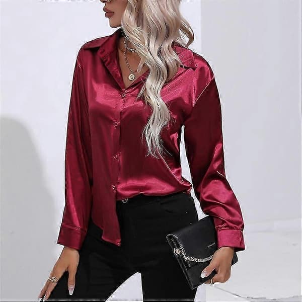 \"Forår Efterår Satin Bluse Imitation Silke Langærmet Skjorte til Dame Plus Size Løse Toppe\"