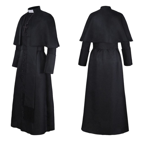 Ensfarget prestedrakt Priest middelaldersk retro cosplay-kostyme med korskjede (svart) black 3xl