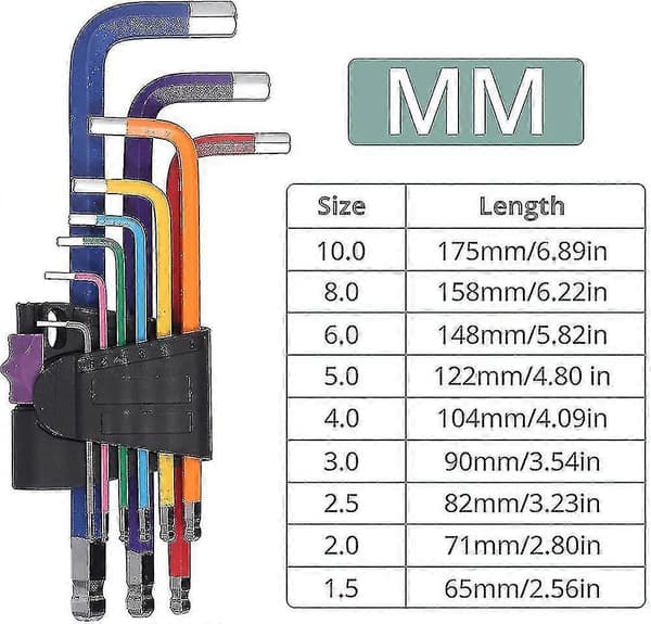 9 stk. Hex Socket Sphal Nøglesæt 1,5-10mm Sphal Allen Nøgle