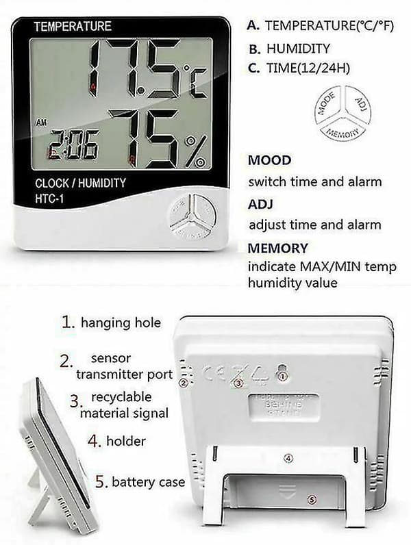 Digital LCD Termometer Hygrometer Luftfugtighedsmåler Værelse Indendørs Temperatur Ur
