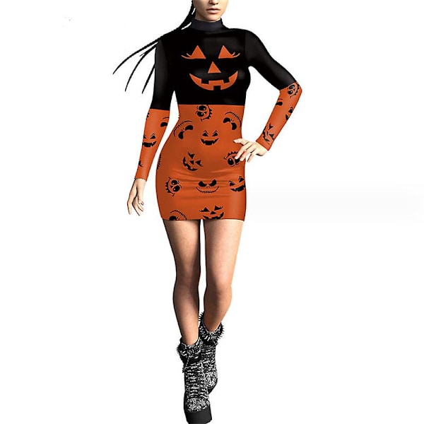 Kvinders skeletkjole Halloween kostume Stretchy langærmet minikjole COLOR 1 S
