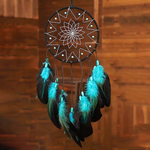Blå Drömfångare Handgjord, Boho Traditionell Cirkulär Nät för Väggdekoration, Sovrum Barn, Heminredning