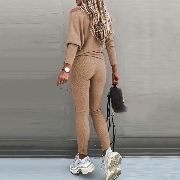 Kvinner Vanlig fritidsdress Langermet T-skjorte Leggings Skinny Pants Outfit Set Khaki S