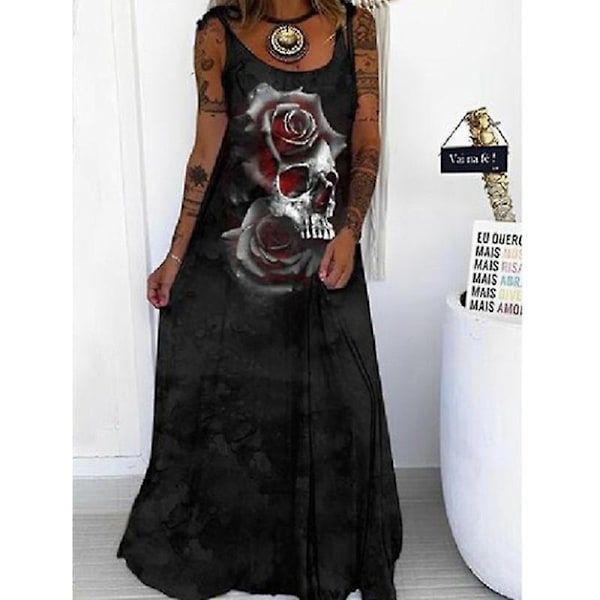 Kvinders afslappede ærmeløs Maxikjole Skull Printed Løs Kjole Halloween Fest Sling Lang Kjole style 1 L